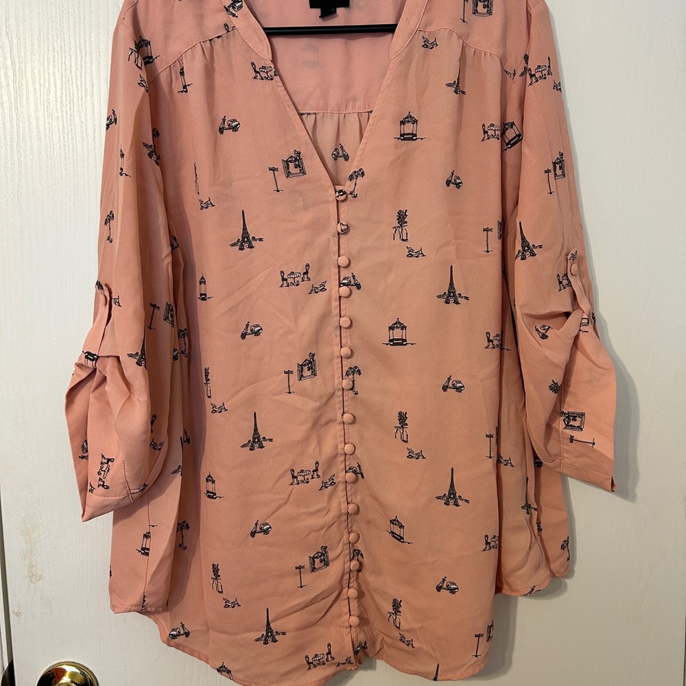 torrid Pink Button-Front Blouse with Black Motif - Picture 2 of 5